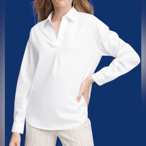 Magaschoni Tunic Top Women Large White Poplin Blouse Collared Split Neck Popover - Picture 1 of 8